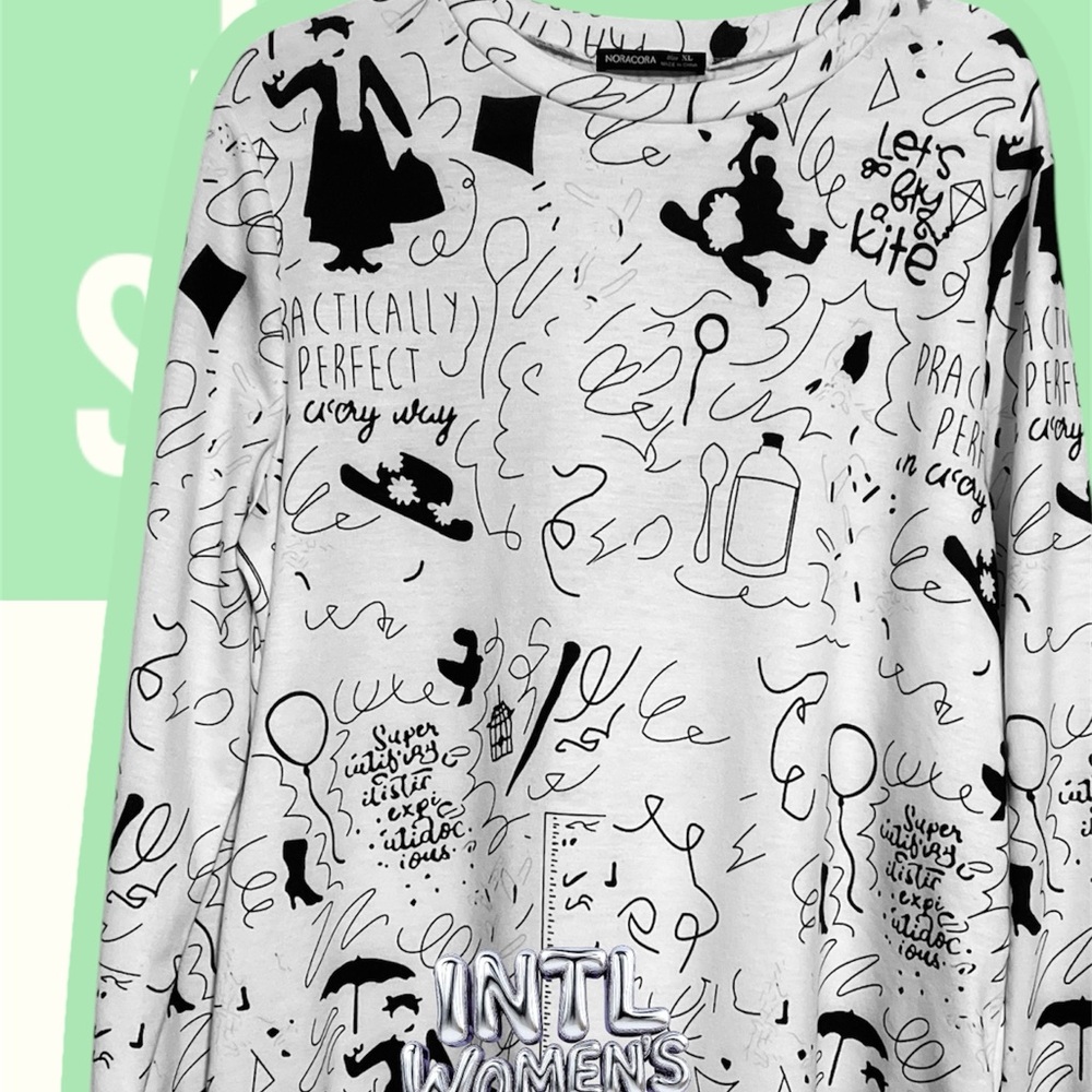 ModCloth White and Black Graphic Long Sleeve Tee